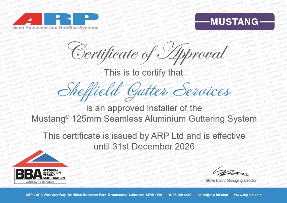 Certificate showing Sheffield gutter services are a recognised installer of the mustang aluminium guttering system